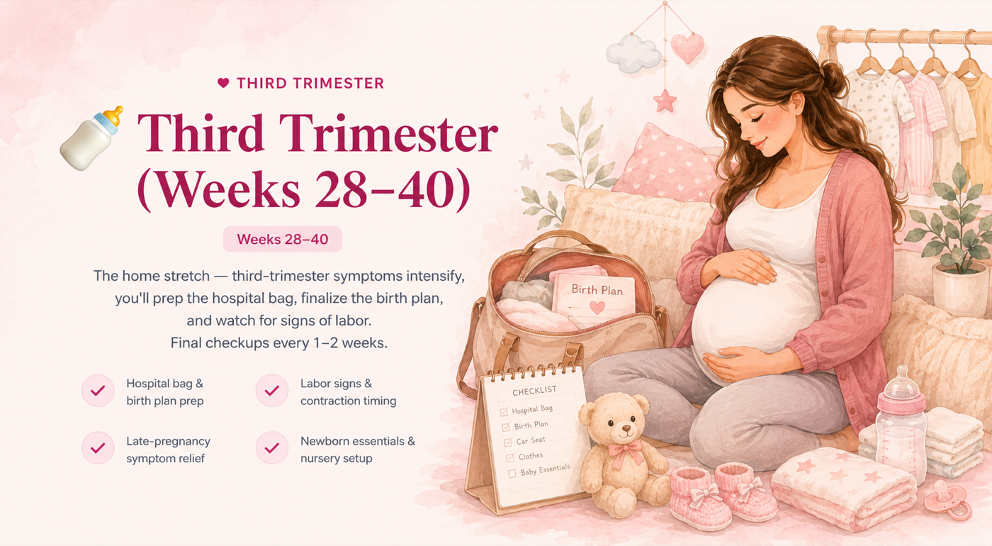 Third Trimester (Weeks 28–40): Hospital bag prep, birth plan, labor signs, and final checkups every 1-2 weeks.